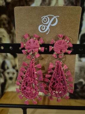 Pink Woven Teardrop Statement Earrings